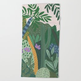 jungle with purple flowers Beach Towel