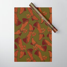 Festive Animal Print Boots with Poinsettia Spurs on Dark Olive Background Wrapping Paper