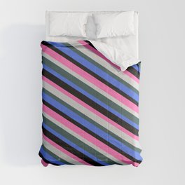 [ Thumbnail: Eye-catching Hot Pink, Light Grey, Dark Slate Gray, Royal Blue, and Black Colored Stripes Pattern Comforter ]