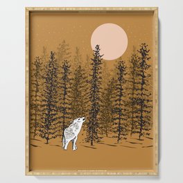 Wolf Howling at the Moon with Woodland Trees - Dusk Serving Tray