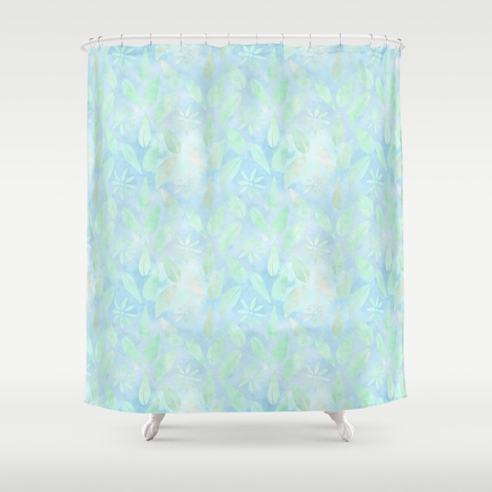 Blue Green Leaves Pattern Shower Curtain