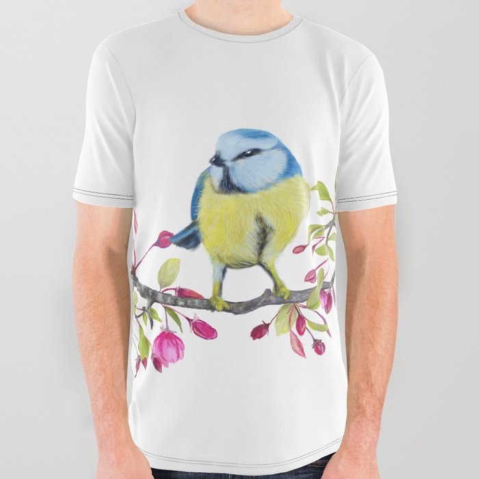 Bird and Flowers, Beautiful Delicate Print, Painting All Over Graphic Tee