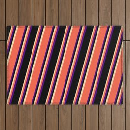 [ Thumbnail: Tan, Red, Indigo, and Black Colored Striped/Lined Pattern Outdoor Rug ]
