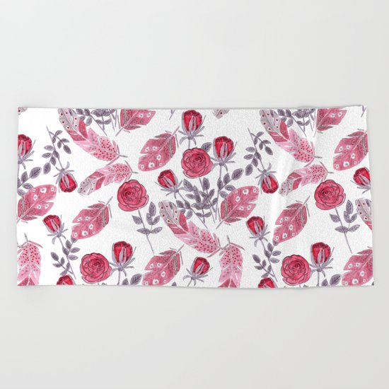 Watercolor . Floral pattern with bird feather .1 Beach Towel