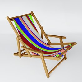 [ Thumbnail: Eyecatching Light Gray, Blue, Dark Red, Salmon & Green Colored Lines Pattern Sling Chair ]