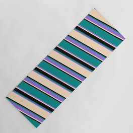 [ Thumbnail: Bisque, Black, Dark Cyan, and Purple Colored Striped Pattern Yoga Mat ]