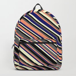 [ Thumbnail: Colorful Dim Grey, Light Salmon, Midnight Blue, Light Yellow & Black Colored Lines Pattern Backpack ]