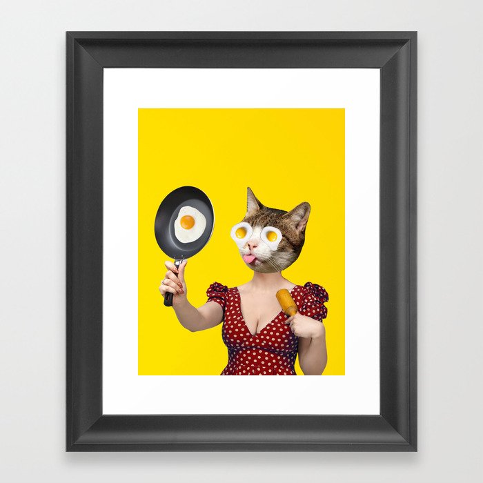 Sunny side up, cat, lady, eggs collage Framed Art Print