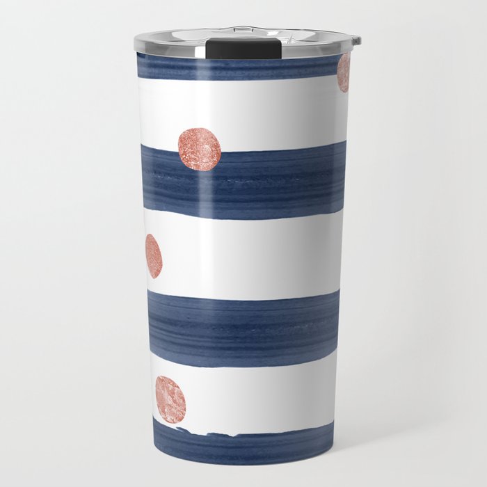 navy watercolor stripes with rose gold dots Travel Mug