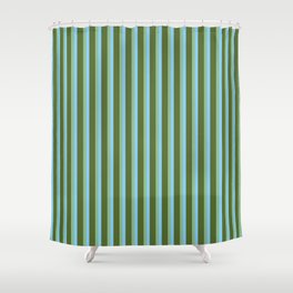 [ Thumbnail: Light Sky Blue, Dark Sea Green, and Dark Olive Green Colored Striped Pattern Shower Curtain ]