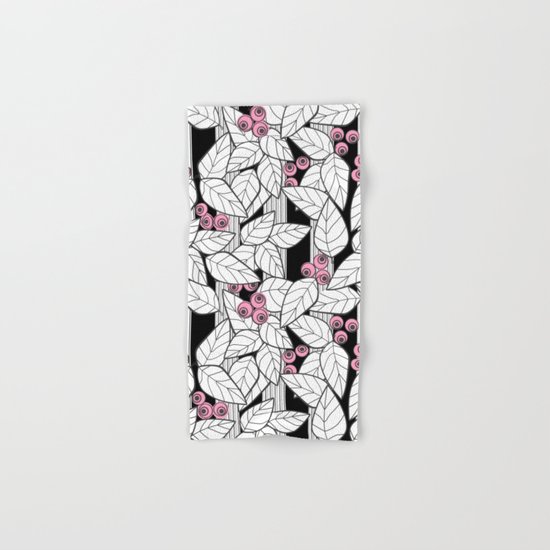 Pink berries on black and white striped background . Hand & Bath Towel