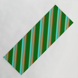 [ Thumbnail: Turquoise, Chocolate & Dark Green Colored Stripes Pattern Yoga Mat ]