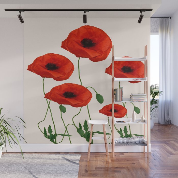 GRAPHIC RED POPPY FLOWERS ON WHITE Wall Mural