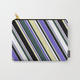 [ Thumbnail: Slate Blue, Pale Goldenrod, Dark Slate Gray, Black & White Colored Lined Pattern Carry-All Pouch ]