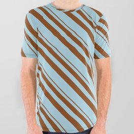 [ Thumbnail: Brown and Light Blue Colored Stripes/Lines Pattern All Over Graphic Tee ]