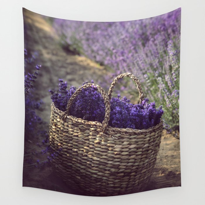 Basket of purple Tuscan lavender flowers and blossoms color portrait photograph / photography for dining room, kitchen, living room and home wall decor Wall Tapestry