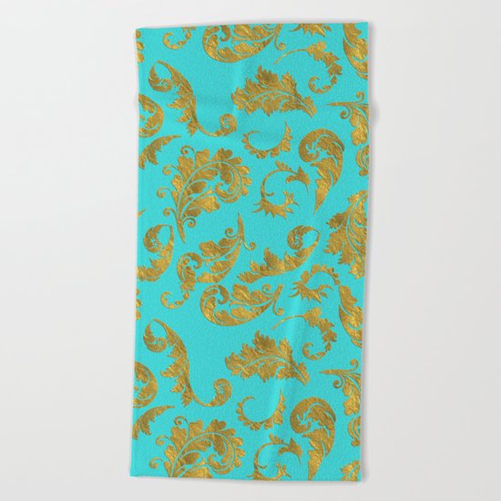 Queenlike on aqua - Gold glitter ornaments on aqua background- pattern Beach Towel