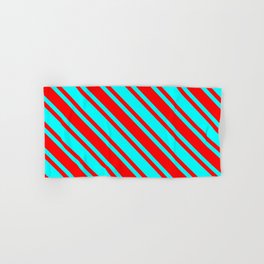 [ Thumbnail: Aqua and Red Colored Lined Pattern Hand & Bath Towel ]