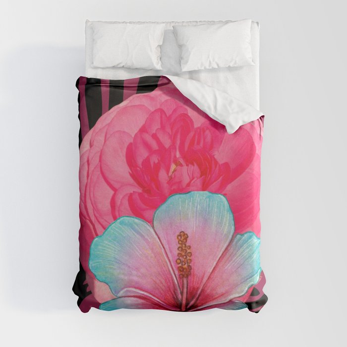 Pink Ranunculus and Hibiscus Art Print  Duvet Cover