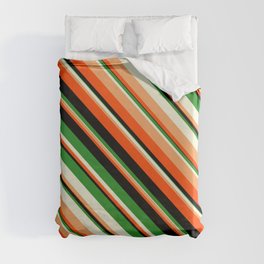 [ Thumbnail: Vibrant Forest Green, Beige, Brown, Red & Black Colored Lines Pattern Duvet Cover ]