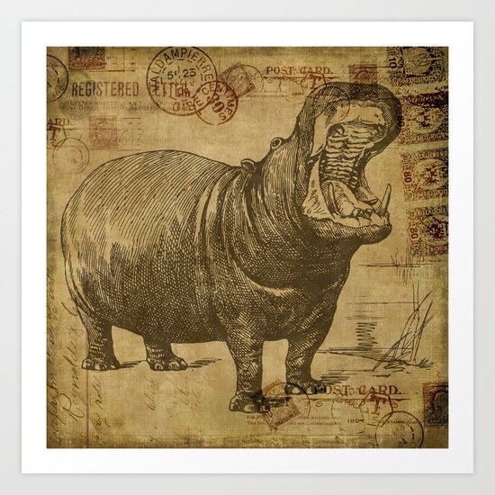 Vintage retro Hippo wildlife animal africa Art Print