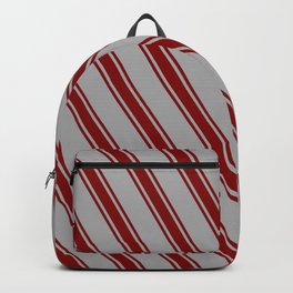 [ Thumbnail: Dark Gray and Maroon Colored Stripes Pattern Backpack ]