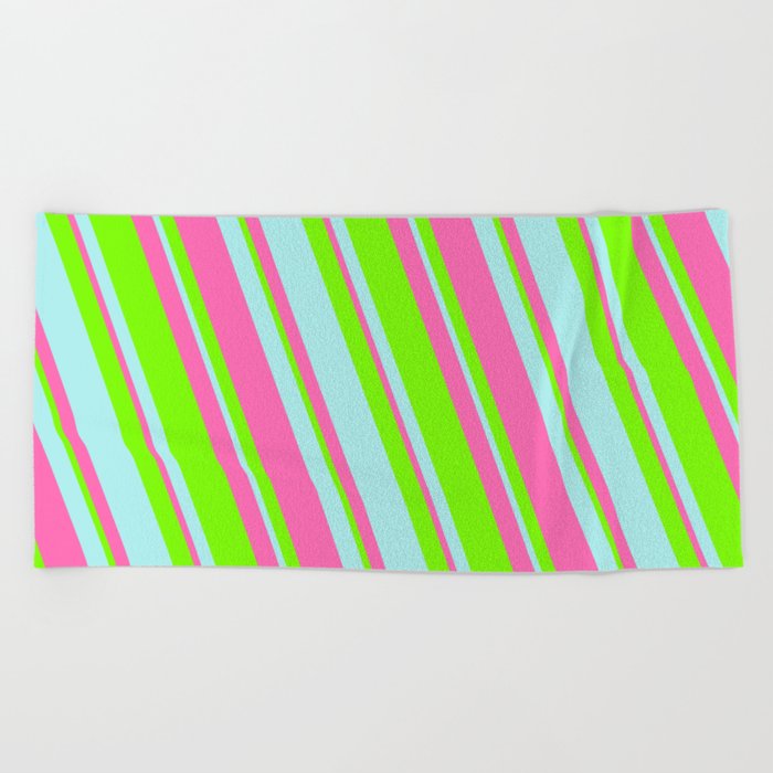 Green, Turquoise & Hot Pink Colored Lines Pattern Beach Towel