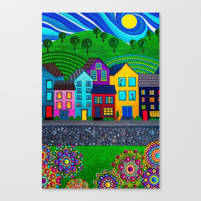 Dot Painting Colorful Village Houses, Hills, and Garden Canvas Print