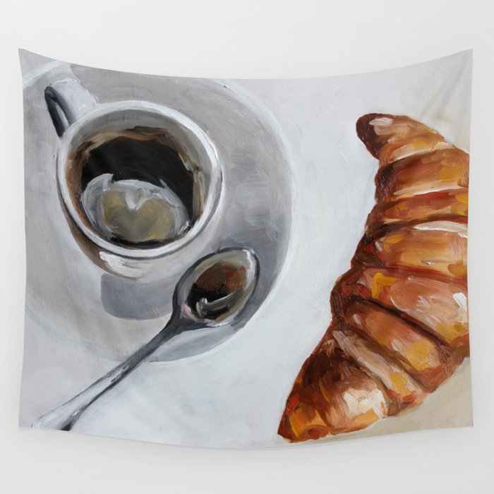 French breakfast, coffee and croissant, original oil painting, daily art Wall Tapestry