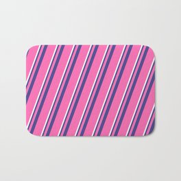 [ Thumbnail: Dark Slate Blue, Hot Pink & White Colored Pattern of Stripes Bath Mat ]