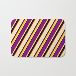[ Thumbnail: Purple, Yellow, Bisque, and Black Colored Pattern of Stripes Bath Mat ]