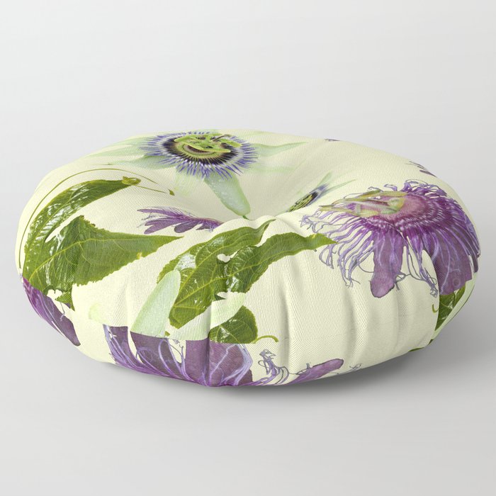 White and Purple Passion Flower Collage Floor Pillow