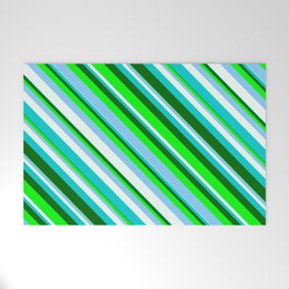[ Thumbnail: Lime, Light Sky Blue, Mint Cream, Dark Turquoise & Dark Green Colored Lines/Stripes Pattern Welcome Mat ]