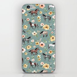 Horses and Sunrise Blue Floral, Horse Love, Wild Horses, Yellow and Pink Flowers iPhone Skin
