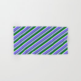 [ Thumbnail: Lavender, Medium Slate Blue & Green Colored Lines Pattern Hand & Bath Towel ]