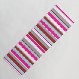 [ Thumbnail: Eye-catching White, Dark Gray, Brown, Powder Blue & Deep Pink Colored Lines/Stripes Pattern Yoga Mat ]