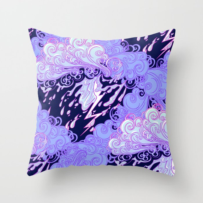 Seamless pattern. Retro style curly decorative clouds with rain drops and lightning. Vintage illustration Throw Pillow