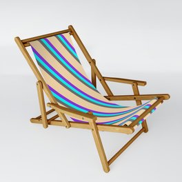 [ Thumbnail: Purple, Cyan, Dim Gray & Tan Colored Lined/Striped Pattern Sling Chair ]