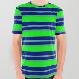 [ Thumbnail: Dark Blue, Sea Green & Lime Colored Lined/Striped Pattern All Over Graphic Tee ]