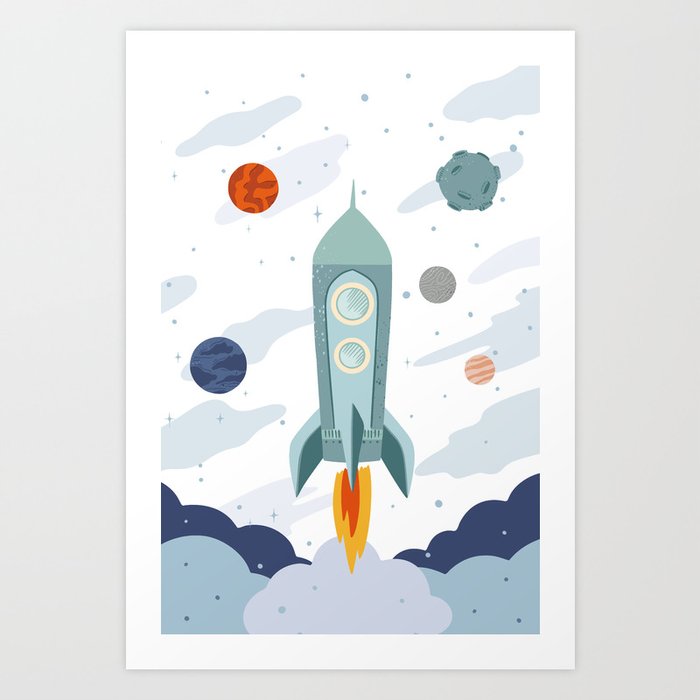 Space rocket print with planets and stars, perfect for an outer space nursery or kids room Art Print