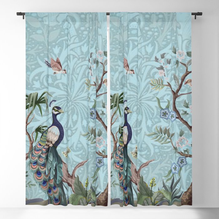 Chinoiserie Peacock Heron Floral Garden & William Morris Art Blackout Curtain