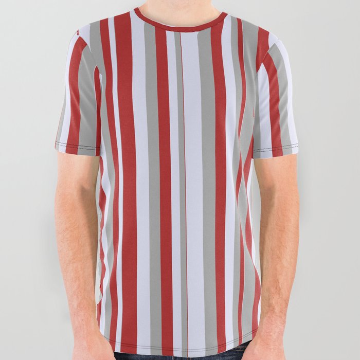 Red, Dark Grey & Lavender Colored Lines Pattern All Over Graphic Tee