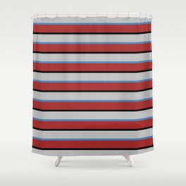 [ Thumbnail: Blue, Brown, Black & Grey Colored Striped Pattern Shower Curtain ]
