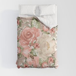 Peach Blush Vintage Watercolor Floral Pattern Comforter