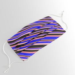 [ Thumbnail: Light Coral, Blue, Light Pink, and Black Colored Lines Pattern Face Mask ]