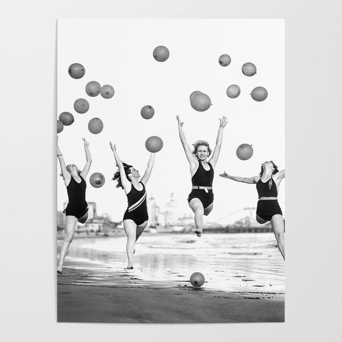 Women Dancing on Beach, Black and White, Vintage Wall Art Poster