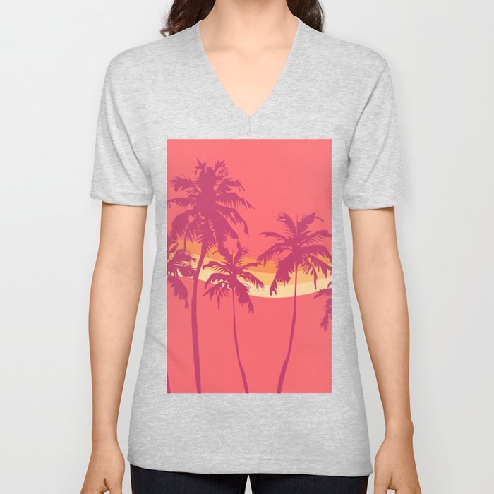 Red Retro Minimalistic Vintage Palm Tree Design  V Neck T Shirt