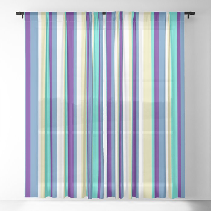 Eye-catching Turquoise, Indigo, Blue, White, and Pale Goldenrod Colored Lines Pattern Sheer Curtain