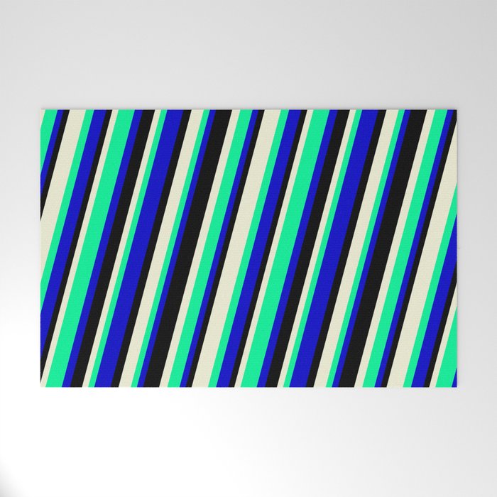 Beige, Green, Blue, and Black Colored Striped/Lined Pattern Welcome Mat
