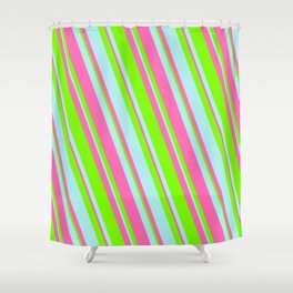 [ Thumbnail: Green, Turquoise & Hot Pink Colored Lines Pattern Shower Curtain ]